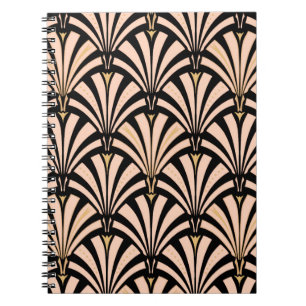 Art Deco fan pattern - peach on black Notebook