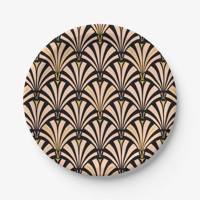 Art Deco fan pattern - peach on black Paper Plate (Front)