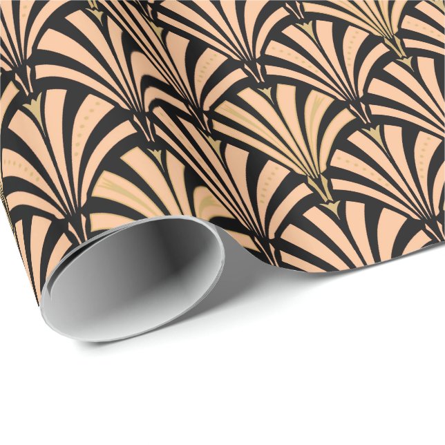 Art Deco fan pattern - peach on black Wrapping Paper (Roll Corner)