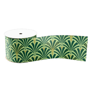 Art Deco fan pattern - pine and mint green Grosgrain Ribbon