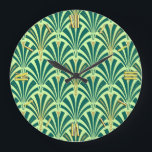 Art Deco fan pattern - pine and mint green Large Clock<br><div class="desc">Digital reproduction of a classic,  Art Deco wallpaper fan pattern - pine green on light mint green,  embellished with gold</div>