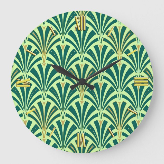 Art Deco fan pattern - pine and mint green Large Clock (Front)