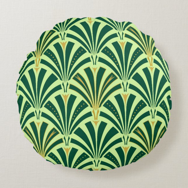 Art Deco fan pattern - pine and mint green Round Cushion (Front)