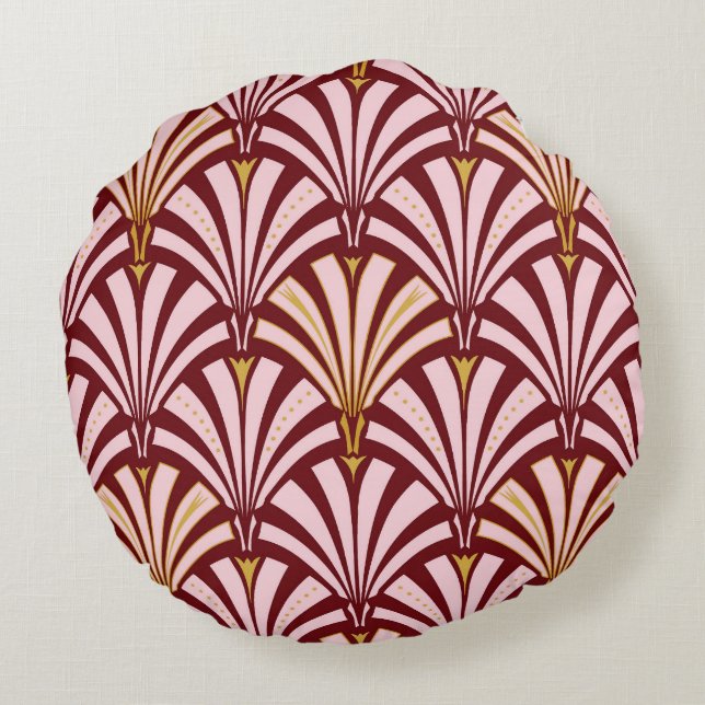 Art Deco fan pattern - pink and burgundy Round Cushion (Back)