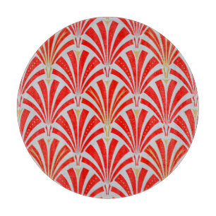 Art Deco fan pattern - red on pearl grey Cutting Board