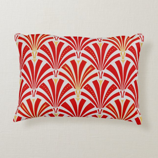 Art Deco fan pattern - red on pearl grey Decorative Cushion (Back)