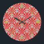 Art Deco fan pattern - red on pearl grey Large Clock<br><div class="desc">Digital reproduction of a classic,  Art Deco wallpaper fan pattern - rich,  lipstick red on pearl grey,  embellished with gold</div>