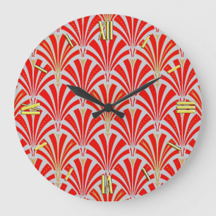Art Deco fan pattern - red on pearl grey Large Clock
