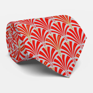 Art Deco fan pattern - red on pearl grey Tie