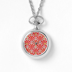 Art Deco fan pattern - red on pearl grey Watch