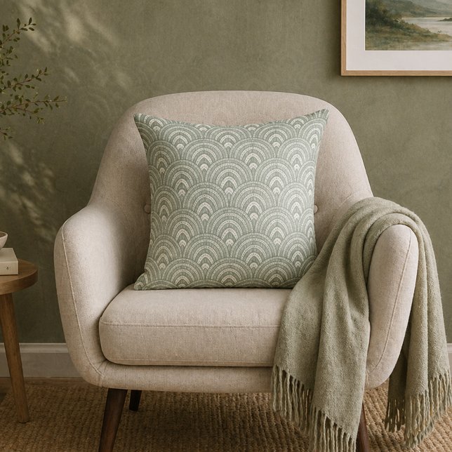 Art Deco Fan Pattern Sage Green Cushion (Creator Uploaded)