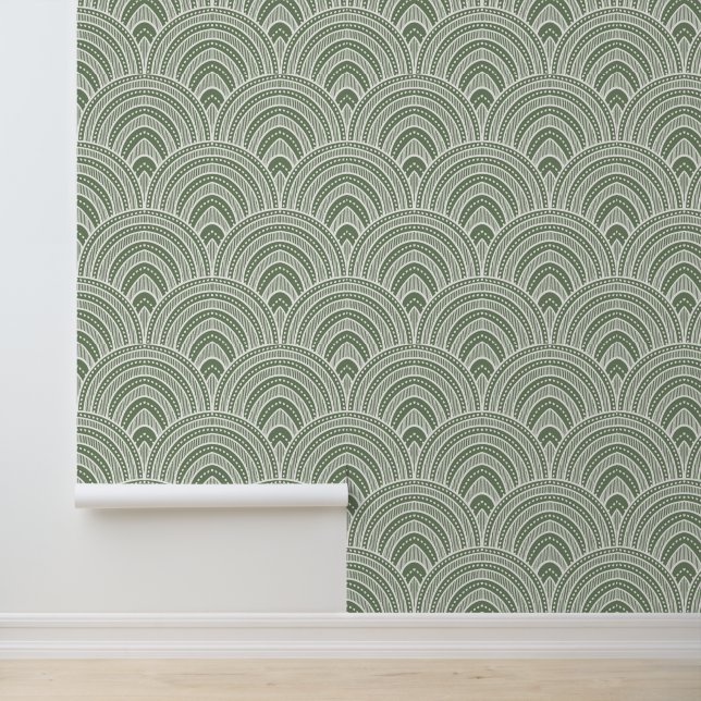 Art Deco Fan Pattern Sage Green Wallpaper (Application)