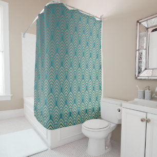 Art deco, fan pattern, teal, white, fan pattern, c shower curtain