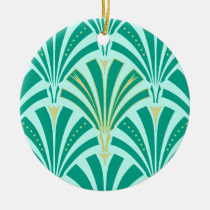 Art Deco fan pattern - turquoise on aqua Ceramic Tree Decoration