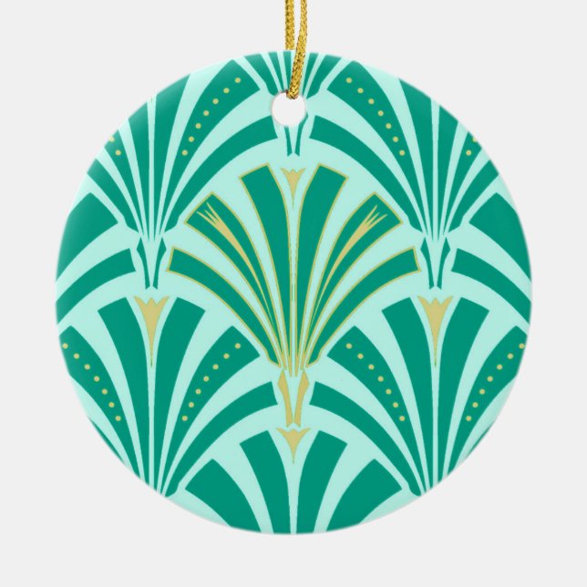 Art Deco fan pattern - turquoise on aqua Ceramic Tree Decoration (Front)