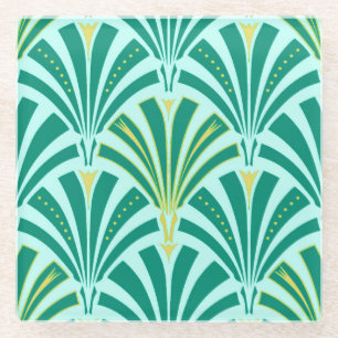 Art Deco fan pattern - turquoise on aqua Glass Coaster