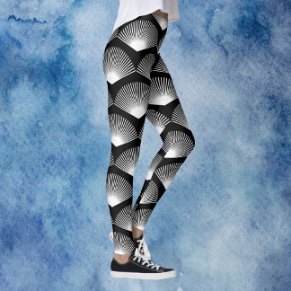 Art Deco Fan Pattern White and Black Leggings