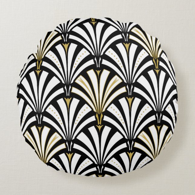 Art Deco fan pattern - white and black Round Cushion (Front)