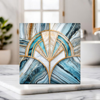 Art Deco Fan Shell - Travertine and blue Marble Tile