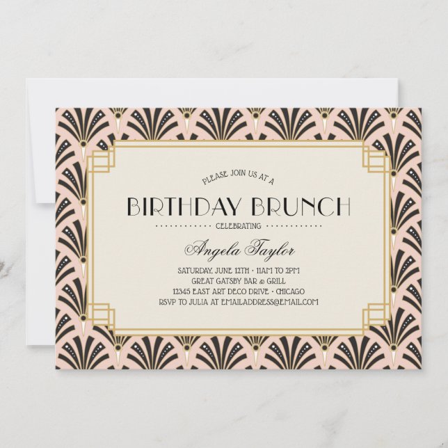 Art Deco Fans Birthday Brunch in Blush Pink Invitation (Front)