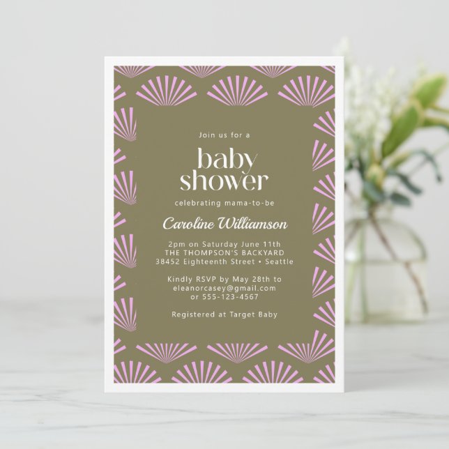 Art Deco Fans in Olive and Lilac Baby Shower Invitation (Standing Front)