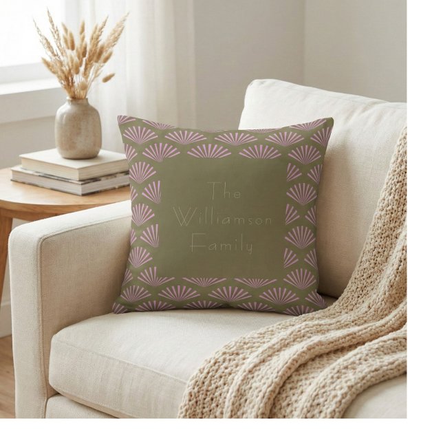 Art Deco Fans in Olive and Lilac Personalised Name Cushion (Creator Uploaded)