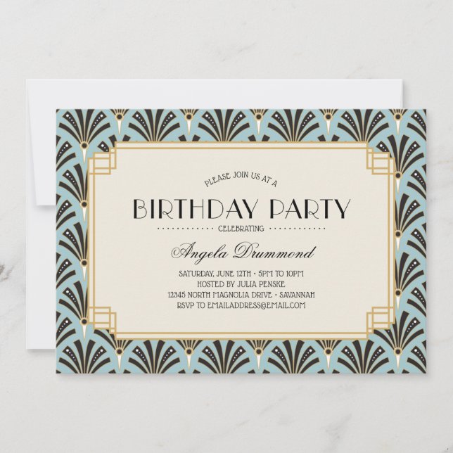 Art Deco Fans Retirement Party Sky Blue Invitation (Front)