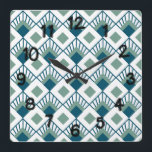 Art Deco Fans  Square Wall Clock<br><div class="desc">This wall clock has an art deco design of teal diamonds with diagonal lines and seafoam green diamonds on a field of white.</div>