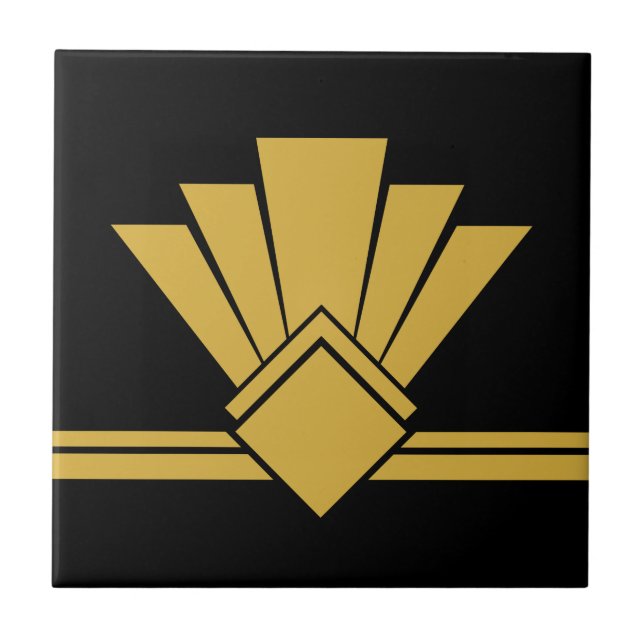 Art Deco Faux Gold Black Chic Geometric Border 04 Tile (Front)