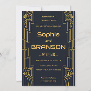 Art Deco Faux Gold Black Wedding Invitation
