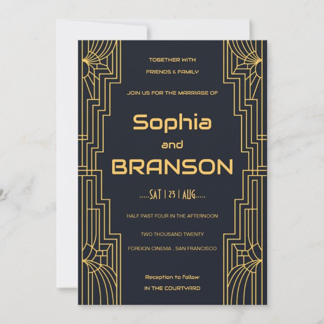 Art Deco Faux Gold Black Wedding Invitation (Front)