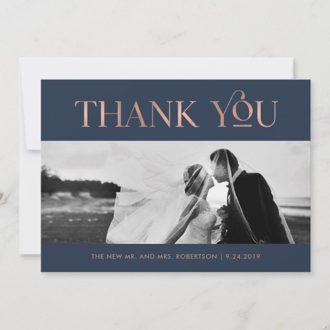 Art Deco Faux Rose Gold on Navy | Photo Thank You (Front)