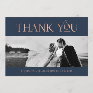 Art Deco Faux Rose Gold on Navy Photo Thank You Card