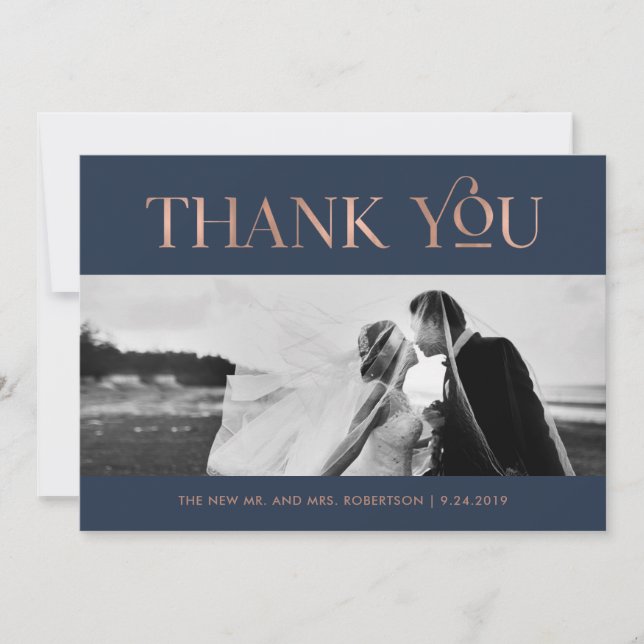 Art Deco Faux Rose Gold on Navy | Photo Thank You Card (Front)