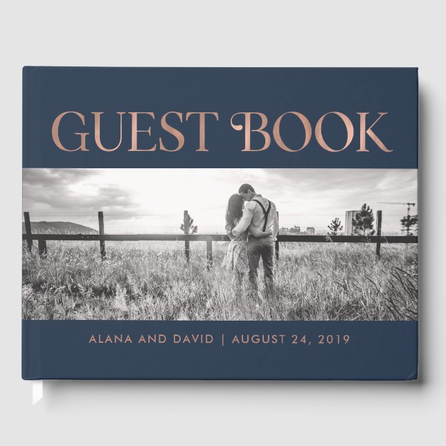 Art Deco Faux Rose Gold on Navy | Photo Wedding Guest Book (Front)