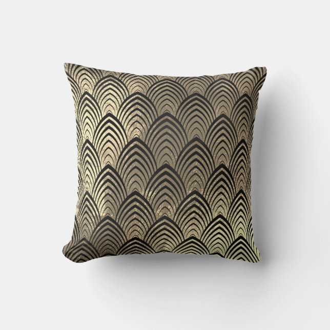 Art Deco Faux Sepia Black Gold Scales Classic Cushion (Front)