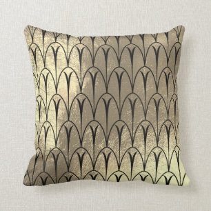Art Deco Faux Sepia Black Gold Scales Seashells Cushion