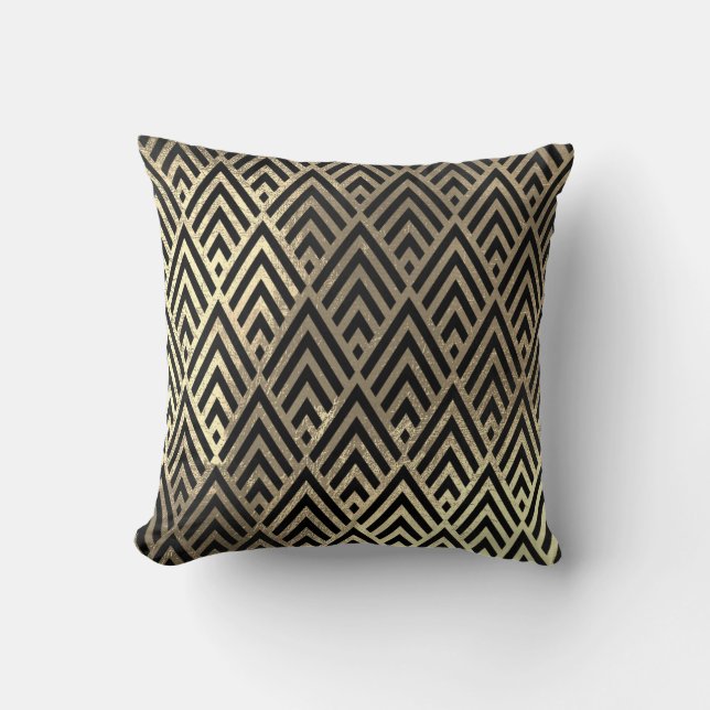 Art Deco Faux Sepia Black Gold Triangles Geometry Cushion (Front)