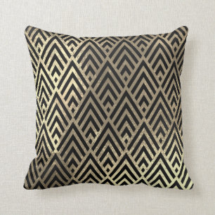 Art Deco Faux Sepia Black Gold Triangles Geometry Cushion
