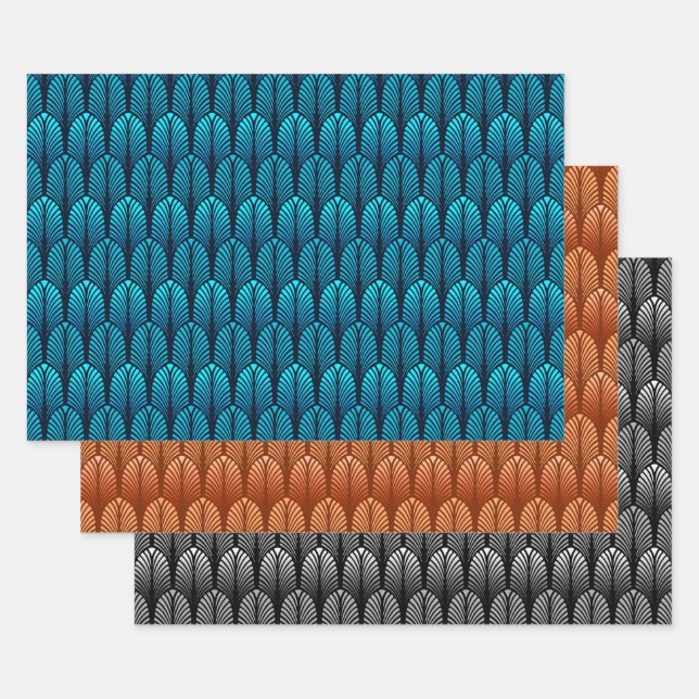 Art Deco Feather Pattern, Blue, Copper, Pewter Wrapping Paper Sheet (Set)