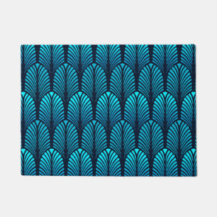 Art Deco Feather Pattern, Cerulean Blue Doormat