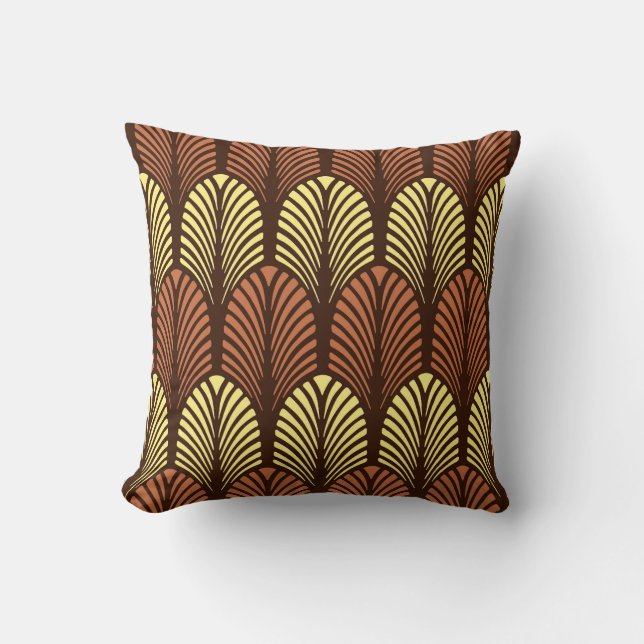 Art Deco Feather Pattern, Dark Brown and Rust Cushion (Front)