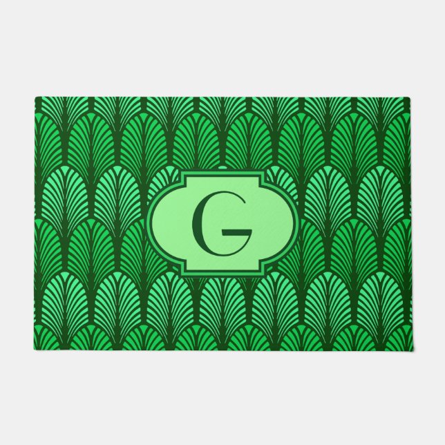Art Deco Feather Pattern, Emerald Green Doormat (Front)
