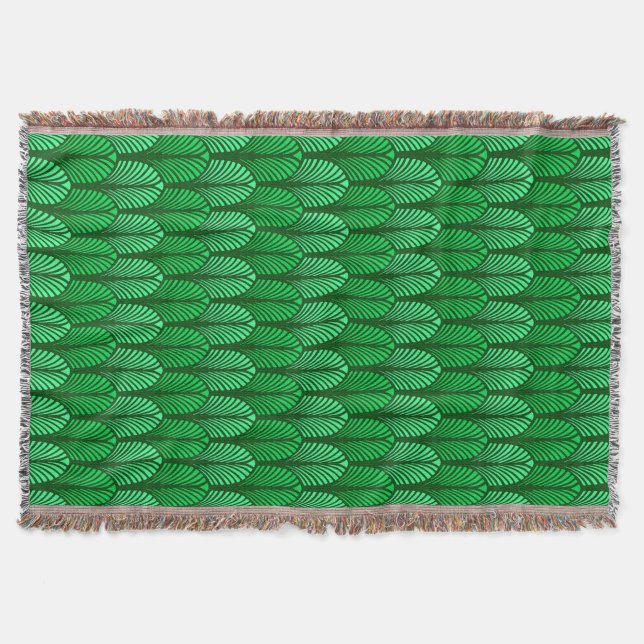 Art Deco Feather Pattern, Emerald Green Throw Blanket (Front)