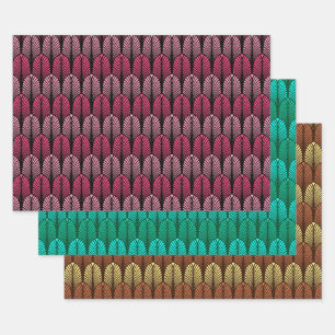 Art Deco Feather Pattern, Fuchsia, Aqua & Brown Wrapping Paper Sheet