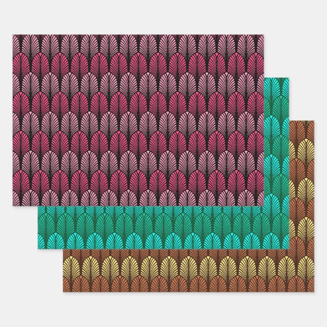 Art Deco Feather Pattern, Fuchsia, Aqua & Brown Wrapping Paper Sheet (Set)