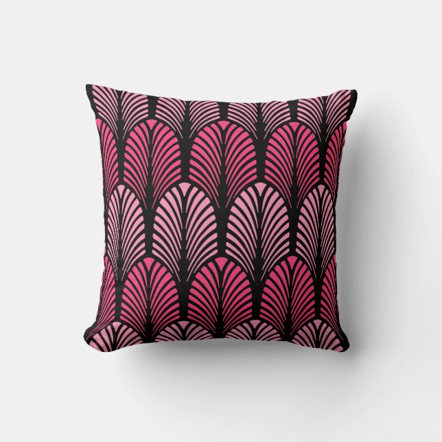 Art Deco Feather Pattern, Fuchsia Pink and Black Cushion (Front)