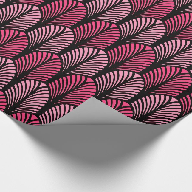 Art Deco Feather Pattern, Fuchsia Pink and Black Wrapping Paper (Corner)