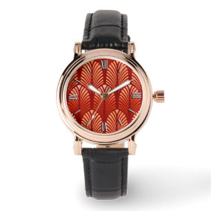 Art Deco Feather Pattern, Mandarin Orange Watch