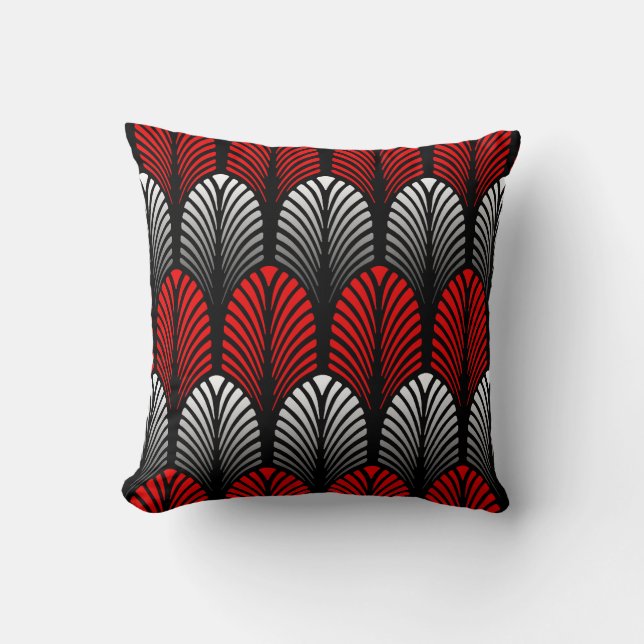 Art Deco Feather Pattern, Silver Grey and Red Cushion (Front)